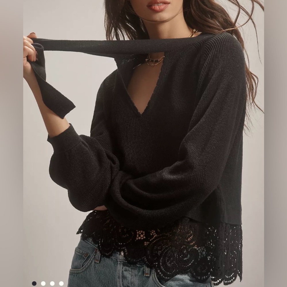 Anthropologie Black Knit lace Sweater Blouse neck tie light weight balloon sleev